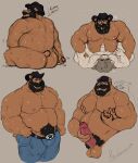  2022 anthro beard belly big_belly black_nose butt clothing duo facial_hair genitals groping_from_behind hat headgear headwear hi_res humanoid_genitalia humanoid_hands humanoid_penis male male/male mammal moob_grab moobs mustache nipples overweight overweight_male penis pure_command sitting solo ursid 