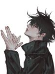  11857864 1boy bangs black_hair black_jacket buttons eyelashes fingernails fushiguro_megumi green_eyes hair_between_eyes high_collar highres jacket jujutsu_kaisen long_sleeves looking_at_viewer male_focus own_hands_together parted_lips profile school_uniform short_hair simple_background solo spiked_hair white_background 