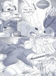  2016 anthro balls belly big_belly bodily_fluids bottomwear canid canine canis clothing comic cum ejaculation english_text erection eye_patch eyes_closed eyewear genital_fluids genitals hi_res hyaenid kemono licking loincloth lying male male/male mammal mtflying30371 overweight overweight_male penis scar sex text tongue tongue_out ursid wings wolf 