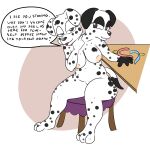  1:1 absurd_res anthro bedroom_eyes breasts canid canine canis collar conjoined dalmatian dialogue domestic_dog english_text female furniture genitals hi_res looking_at_viewer mammal multi_head narrowed_eyes nude pussy seductive skewedl0gic solo speech_bubble table talking_to_viewer text 