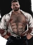  1boy abs bara bare_pectorals beard black_eyes blood blood_on_clothes brown_hair bruise bruise_on_face bruised_eye buzz_cut chest_hair collared_shirt david_king_(dead_by_daylight) dead_by_daylight denim facial_hair hairy hand_on_back highres injury jang_ju_hyeon jeans large_pectorals leather leather_belt long_sleeves looking_at_viewer male_focus manly mature_male muscular muscular_male nipples nosebleed open_mouth pants pectorals shirt short_hair solo teeth thick_arms thick_eyebrows tight unbuttoned very_short_hair 