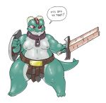  2019 anthro biped broken_horn clothed clothing collar dialogue english_text green_body green_scales hi_res holding_object holding_shield holding_sword holding_weapon horn kobold male melee_weapon overweight overweight_anthro overweight_male red_eyes scales scalie sharp_teeth shield simple_background solo speech_bubble standing sword teeth text thud_(vdisco) topless vdisco weapon white_background 