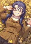  1girl autumn autumn_leaves black_hair brown_jacket commentary_request desutoroi eyebrows_behind_hair glasses highres idolmaster idolmaster_million_live! jacket leaf long_hair looking_at_viewer low_twintails lying on_back red_eyes smile solo takayama_sayoko twintails 