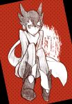  1boy bags_under_eyes bangs boots character_name closed_mouth commentary_request eyebrows_visible_through_hair full_body grimsley_(pokemon) half-closed_eyes jacket knees_together_feet_apart knees_up looking_to_the_side male_focus minashirazu monochrome nervous pants pokemon pokemon_(game) pokemon_bw red_background scarf short_hair sitting sketch solo spiked_hair translated 