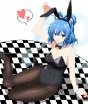  1girl absurdres alternate_costume animal_ears arm_support black_legwear blue_eyes blue_hair board_game bow bowtie breasts card chess_piece cleavage covered_navel detached_collar fake_animal_ears flag hagoromo heart highres kaku_seiga large_breasts leotard looking_at_viewer on_floor pantyhose parted_lips perspective playboy_bunny rabbit_ears rise_(rise19851203) shawl sitting smile solo spoken_heart tile_floor tiles touhou wrist_cuffs yokozuwari 
