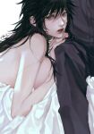  11857864 1boy 1girl bangs bare_shoulders bed_sheet biting black_hair blanket breasts covering covering_breasts crying crying_with_eyes_open eyebrows_visible_through_hair eyelashes from_side fushiguro_megumi genderswap genderswap_(mtf) green_eyes hair_between_eyes highres jujutsu_kaisen large_breasts lip_biting long_hair looking_at_viewer lying naked_sheet on_bed on_stomach pink_nails red_lips sideboob sitting solo_focus tears under_covers very_long_hair 