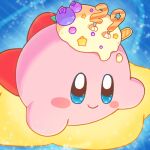  2021 abstract_background akarisu anniversary birthday_candle blue_eyes cake dessert food kirby kirby_(series) looking_at_viewer lying male nintendo on_front pink_body smile smiling_at_viewer solo video_games waddling_head warp_star 