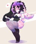  &lt;3 absurd_res anthro breasts clothed clothing ear_piercing ear_ring female fishnet fishnet_legwear furgonomics furry-specific_piercing hair hi_res lagomorph legwear leporid mammal on_one_leg onigiri_punch piercing purple_hair rabbit solo standing 