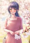  1girl :d bag blue_eyes blue_hair blush cherry_blossoms dress handbag highres inoue_iori long_hair looking_to_the_side original pink_dress ponytail short_sleeves smile solo upper_body yellow_eyes yukimaru_ai 