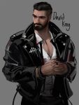  1boy bara beard black_eyes black_hair blood blood_on_clothes bracelet buzz_cut collared_jacket collared_shirt david_king_(dead_by_daylight) dead_by_daylight facial_hair highres holding_hands jacket jang_ju_hyeon jewelry leather leather_jacket looking_to_the_side male_focus mature_male muscular muscular_male open_clothes open_jacket pectoral_cleavage pectorals ring scar scar_across_eye shirt short_hair solo thick_eyebrows upper_body very_short_hair 