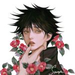  11857864 2boys black_hair black_jacket black_nails crying crying_with_eyes_open eyelashes flower fushiguro_megumi grabbing_another&#039;s_chin green_eyes hand_on_another&#039;s_chin high_collar highres implied_yaoi jacket jujutsu_kaisen leaf looking_to_the_side male_focus multiple_boys open_mouth realistic red_flower ryoumen_sukuna_(jujutsu_kaisen) school_uniform short_hair spiked_hair tears teeth yaoi 