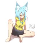  1girl absurdres animal_ear_fluff animal_ears bangs bare_arms barefoot bike_shorts black_shorts blue_hair blush breasts brown_eyes cameltoe closed_mouth drawstring eyebrows_visible_through_hair full_body hair_between_eyes highres hood hood_down hoodie idaten93 jitome knee_up long_hair looking_at_viewer medium_breasts original shadow short_shorts shorts sitting sleeveless sleeveless_hoodie soles solo terufu-chan translation_request white_background yellow_hoodie 