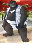  2016 anthro asian_clothing belly big_belly black_body black_nose clothing east_asian_clothing hi_res humanoid_hands japanese_clothing kemono male mammal mawashi mtflying30371 overweight overweight_male solo sumo ursid 