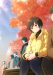  1girl absurdres amagami autumn_leaves bangs bench black_hair black_pants black_sweater blurry blurry_background blush bottle breath brown_eyes commentary crowd down_jacket highres holding holding_bottle jacket leaf light_smile maple_leaf nanasaki_ai nozomi_0509 pants park_bench ribbed_sweater short_hair sitting solo_focus sweater tree turtleneck turtleneck_sweater yellow_jacket 