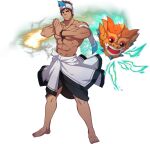  1boy abs armband bara bracelet brown_hair clothes_around_waist fire full_service_(mazjojo) gyee headband highres jacket jacket_around_waist jewelry looking_at_viewer male_focus manly mask mazjojo muscular muscular_male necklace official_art okan_ardana pectorals scar scar_on_chest scar_on_face scar_on_nose short_hair skirt smile solo spiked_hair transparent_background yellow_eyes 