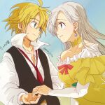  1boy 1girl black_vest blonde_hair blue_eyes choker closed_mouth collarbone dress earrings elizabeth_liones eye_contact floating_hair green_eyes jewelry layered_sleeves long_hair long_sleeves looking_at_another meliodas nanatsu_no_taizai necktie off-shoulder_dress off_shoulder parted_lips red_necktie short_hair short_over_long_sleeves short_sleeves silver_hair sketch smile spring_(mmm_15250) twitter_username vest yellow_choker yellow_dress 