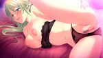  1girl :d bangs bed_sheet beltyna_sementerio black_bra black_panties blonde_hair blue_eyes blush bra bra_pull breasts censored chaos_dominas clothes_pull clothing_aside collarbone eyebrows_visible_through_hair female_pubic_hair game_cg hair_between_eyes indoors large_breasts leg_lift long_hair lying m&amp;m mosaic_censoring navel nipples on_side panties panties_aside pointy_ears pubic_hair pussy shiny shiny_hair smile solo strapless strapless_bra underwear 
