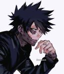  1boy artist_name black_hair black_jacket boku_no_hero_academia burn_scar cheek_piercing dabi_(boku_no_hero_academia) highres jacket jewelry male_focus multiple_scars piercing profile ring scar scar_on_neck sharl0ck simple_background solo spiked_hair staple stapled stitches upper_body white_background 