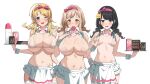  3girls :d ;d bangs bare_shoulders bikini black_eyes black_hair blonde_hair blue_eyes blush bow braid breasts brown_eyes brown_hair cleavage closed_mouth condom condom_in_mouth condom_wrapper cowboy_shot eyebrows_visible_through_hair hachimiya_meguru hair_bow hairband hand_on_own_chest highres holding holding_tray huge_breasts idolmaster idolmaster_shiny_colors kazano_hiori large_breasts layered_skirt long_hair looking_at_viewer micro_bikini miniskirt mole mole_under_mouth mouth_hold multiple_girls navel one_eye_closed pink_bow pink_hairband sakuragi_mano simple_background skindentation skirt small_breasts smile stomach swept_bangs swimsuit thighhighs tray twin_braids white_background white_bikini white_legwear white_skirt wrist_cuffs za_yu_a 