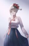  1girl bangs blonde_hair blue_eyes clothes_lift connor dress expressionless eyebrows_visible_through_hair flower grey_background hair_bun hair_flower hair_ornament highres korean_clothes lifted_by_self long_dress long_sleeves looking_at_viewer original rose sidelocks skirt skirt_lift solo 