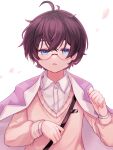  1boy ahoge black_hair blue_eyes cape collared_shirt glasses highres holding holding_petal ichinose_sora looking_at_viewer mahjong_soul male_focus mole mole_under_mouth nemu_raku_kizoku_(user_exgk7444) petals shirt solo straight-on strap sweater v-neck white_background white_shirt yostar 