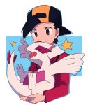  1boy alternate_color backwards_hat bangs baseball_cap black_hair blue_background border ethan_(pokemon) grey_eyes hat highres holding holding_pokemon jacket long_sleeves looking_down lugia male_focus pokemon pokemon_(creature) pokemon_(game) pokemon_hgss red_jacket shiny_pokemon short_hair smile star_(symbol) sweatdrop tyako_089 upper_body white_border 