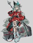  arknights ascot bangs bare_shoulders boots breasts detached_sleeves dress enne_kl full_body gloves hair_ornament hat highres legs long_hair parted_lips red_eyes short_dress silver_hair skadi_(arknights) skadi_the_corrupting_heart_(arknights) sleeveless sleeveless_dress staff thigh_strap very_long_hair 