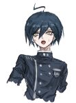  1boy ahoge bangs black_hair black_jacket breast_pocket brown_eyes buttons commentary_request cropped_torso danganronpa_(series) danganronpa_v3:_killing_harmony highres jacket knijla9geho6aoi long_sleeves male_focus open_mouth pocket saihara_shuuichi short_hair sweat teeth upper_teeth 