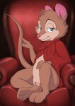 absurd_res anthro bedroom_eyes bottomless chair clothed clothing digitigrade don_bluth feet female furniture genitals hand_on_tail hi_res looking_at_viewer mammal minum mouse mrs._brisby murid murine narrowed_eyes pussy rodent seductive sitting smile solo the_secret_of_nimh 
