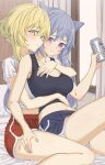  2girls bare_arms bed_sheet bedroom beer_can blonde_hair blush breasts can dolphin_shorts double_bun genshin_impact half-closed_eyes highres hug hug_from_behind keqing_(genshin_impact) lumine_(genshin_impact) medium_breasts midriff multiple_girls navel o-los on_bed purple_eyes purple_hair shirt short_shorts short_sleeves shorts sitting sitting_on_lap sitting_on_person smile tank_top white_shirt window yellow_eyes yuri 