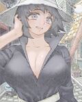  1girl adjusting_hair bangs belt black_dress black_eyes black_hair bob_cut breasts cleavage collarbone dress hat high_collar highres huge_breasts long_sleeves looking_at_viewer nishi_yoshiyuki open_mouth original plunging_neckline short_hair smile solo v-neck white_headwear witch_hat 