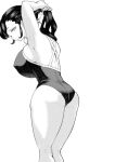  1girl adjusting_hair armpits arms_behind_head arms_up ass bangs black_hair breasts greyscale highres huge_breasts knees_up looking_at_viewer looking_back monochrome nishi_yoshiyuki one-piece_swimsuit original school_swimsuit sideboob simple_background solo standing swimsuit thick_thighs thighs white_background 