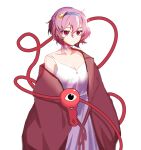  1girl :| alternate_costume arms_at_sides bad_id bad_twitter_id blue_hairband bow cloak closed_mouth cowboy_shot dress expressionless eyebrows_behind_hair hair_ornament hairband heart heart_hair_ornament highres komeiji_satori looking_afar pink_hair red_cloak red_eyes saple short_hair simple_background solo third_eye touhou white_background white_bow white_dress 