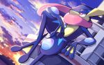  bright_pupils cloud commentary_request fence from_below greninja no_humans outdoors pink_eyes pokemon pokemon_(creature) pon_yui sitting sky solo tongue white_pupils 
