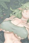  1girl breasts cleavage covered_nipples crop_top frown green_eyes green_hair green_tank_top hands_on_own_breasts highres huge_breasts looking_at_viewer lying medium_hair midriff mushroom nishi_yoshiyuki on_back original pointy_ears solo tank_top underboob upper_body 