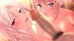  1boy 2girls :d blonde_hair blue_eyes breasts carla_eldorl censored chaos_dominas collarbone completely_nude eyebrows_visible_through_hair hair_between_eyes long_hair looking_at_viewer m&amp;m male_pubic_hair medium_breasts mirabel_ardolg mosaic_censoring multiple_girls nipples non-web_source nude open_mouth penis pov pubic_hair red_eyes silver_hair smile sweatdrop upper_body 