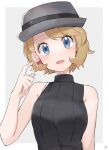  1girl :d bangs bare_arms black_vest blonde_hair blue_eyes blush border commentary_request earrings eyelashes glint grey_background grey_headwear hand_up hat head_tilt highres jewelry looking_at_viewer open_mouth pokemon pokemon_(anime) pokemon_swsh_(anime) ririmon serena_(pokemon) short_hair smile solo sweater_vest upper_body vest white_border 