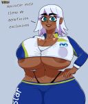  big_breasts bottomwear breasts brown_body clothed clothing female green_eyes hair hi_res huge_breasts human kouh mammal movistar nails pants solo spanish_text sweatshirt text thong tight_clothing underwear white_hair 