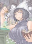  1girl bangs black_eyes black_hair blunt_bangs bob_cut book breasts covered_nipples hat highres holding holding_book huge_breasts nishi_yoshiyuki open_mouth original potion short_hair sleeveless sleeveless_turtleneck solo steam striped striped_sweater sweater turtleneck upper_body vertical_stripes white_headwear witch_hat 