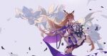  1girl absurdres arknights ash-c bangs bare_shoulders bouquet brown_hair closed_mouth dress elite_ii_(arknights) flower hair_ornament highres indigo_(arknights) infection_monitor_(arknights) long_hair off-shoulder_dress off_shoulder purple_eyes solo very_long_hair 