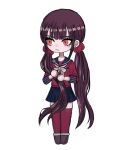  1girl bangs black_sailor_collar black_skirt bow bowtie brown_footwear brown_hair closed_mouth collarbone danganronpa_(series) danganronpa_v3:_killing_harmony full_body grey_background hair_ornament harukawa_maki highres knijla9geho6aoi long_hair long_sleeves plaid plaid_skirt red_eyes red_legwear red_scrunchie red_shirt sailor_collar scrunchie shiny shiny_hair shirt simple_background skirt thighhighs twintails zettai_ryouiki 