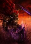  1boy armor clenched_teeth debris dual_wielding elden_ring fake_horns gaiiihal glowing glowing_eyes greatsword greaves helmet highres holding holding_sword holding_weapon horned_helmet horns horse horseback_riding long_hair open_mouth outdoors red_hair riding shoulder_armor signature solo starscourge_radahn sword teeth weapon 