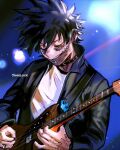  1boy artist_name black_hair black_jacket boku_no_hero_academia burn_scar cheek_piercing choker closed_eyes dabi_(boku_no_hero_academia) guitar highres holding holding_instrument instrument jacket jewelry male_focus multiple_scars music piercing playing_instrument plectrum ring scar scar_on_face scar_on_hand scar_on_neck sharl0ck shirt solo spiked_hair staple stapled stitches white_shirt 