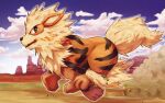  arcanine breathing_fire cloud commentary_request day desert dust fang fire from_side full_body highres kumage_kaigan no_humans outdoors pokemon pokemon_(creature) running sky solo 