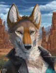  2022 anthro aurru black_nose breasts brown_body brown_fur canid canine canis clothed clothing coyote day detailed_background digital_media_(artwork) female fur looking_at_viewer mammal outside sky smile solo white_body white_fur 