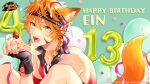  animal_ears balloon bandana bare_shoulders bead_necklace beads birthday black_bandana black_gloves braid cake character_name confetti copyright copyright_name eating ein_(mahjong_soul) eyebrows_visible_through_hair facial_mark fangs fingerless_gloves food food_on_face fox_boy fox_ears fox_tail fruit gloves happy_birthday highres holding holding_cake holding_food jewelry logo looking_at_viewer mahjong mahjong_soul miojun_nono necklace official_art open_mouth orange_hair side_braid sitting strawberry strawberry_shortcake tail tenbou yellow_eyes yostar 