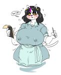 anthro apron big_breasts black_eyeshadow black_hair blue_clothing blush bodily_fluids breasts catti_(deltarune) claws clothing covered_breasts deltarune domestic_cat ear_piercing ear_ring eyebrow_through_hair eyebrows eyelashes eyeshadow felid feline felis female fur gold_earring goth hair hi_res highlights_(coloring) holding_object holding_pen huge_breasts lactating lactating_through_clothing makeup mammal mhdrawin nipple_outline notebook pen piercing purple_highlights purple_nose shaking solo speech_bubble sweat sweatdrop text translucent translucent_hair trembling undertale_(series) video_games waiter waitress_uniform wet wet_clothing white_body white_fur yellow_eyes 
