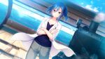  1girl asagao_wa_ai_o_shiranai. bangs blue_eyes blue_hair blue_shirt blurry blurry_background breasts cleavage closed_mouth collarbone cowboy_shot crossed_arms dutch_angle floating_hair game_cg grey_pants hair_between_eyes highres kanatsuki_rikka labcoat lens_flare long_hair looking_at_viewer maumen medium_breasts ocean pants shiny shiny_hair shirt solo standing 