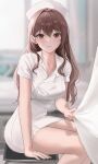  1girl :3 absurdres arm_support bangs bluesh blurry blurry_background breasts brown_eyes brown_hair dress eyebrows_visible_through_hair hair_between_eyes hat highres long_hair looking_at_viewer medium_breasts nurse nurse_cap on_chair original po_ppe short_dress short_sleeves sitting solo thighs 