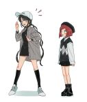  2girls :d alternate_costume bangs baseball_cap black_dress black_headwear black_legwear black_skirt black_vest blush blush_stickers breasts brown_hair chabashira_tenko danganronpa_(series) danganronpa_v3:_killing_harmony dress grey_background grey_jacket hat jacket kneehighs long_hair long_sleeves medium_breasts miniskirt mole mole_under_mouth multiple_girls nom_(cogxsb6ynjyuejp) notice_lines open_mouth pleated_skirt red_hair shoes short_hair simple_background skirt smile teeth twintails upper_teeth vest white_headwear yumeno_himiko 